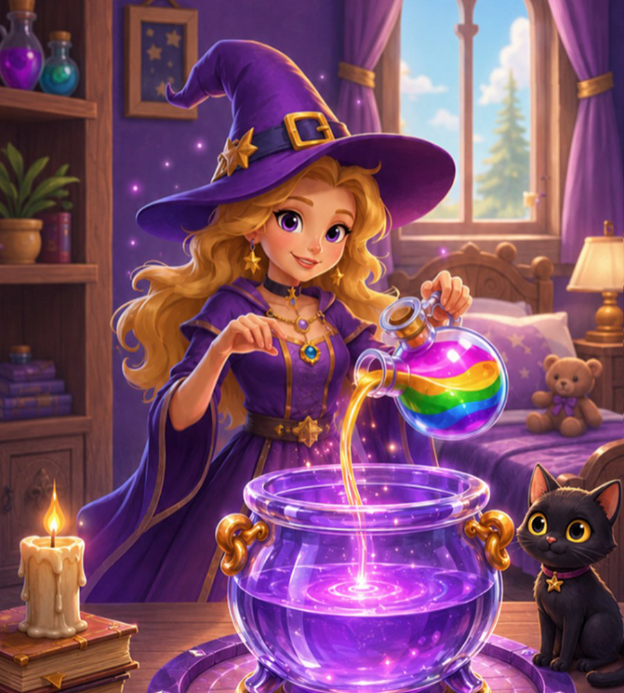 Magic Sort's witch, colorful potion and cat
